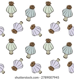 pattern with pastel colored poppy seed heads on a white background. Hand drawn botanical illustration for fabric print, kitchen decor, and organic packaging design.