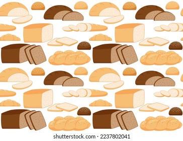 Pattern from pastry bread from wheat, whole grain and rye, bakery food, bun. Seamless background with loaf, bread brick, croissant, toast bread, French baguette, challah. Vector illustration