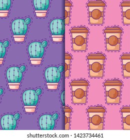pattern of patches with coffee and cactus in pot plant