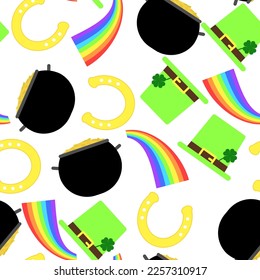 Pattern with Patrick's elements. Seamless pattern with cauldron, coins, leprechaun's hat, rainbow, horseshoe. Vector illustration. 
