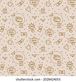 Pattern Payment in an online store and online shopping. Background for textiles or substrates with gold icons and dots. Doodle illustration with money, clothes, online store and money. Vector illustra