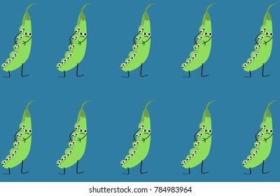 Pattern of pea pods in cartoon style on a blue background- Vector illustration