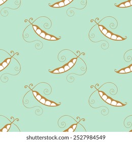 pattern with pea pods gold contour , on mint green pastel background.