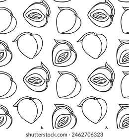 A pattern of peaches with a contour, whole and in section. Linear fruits with leaves are made in monochrome color. Vector illustration paired in a pattern. Fluffy fruits in a seamless texture