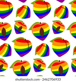 Patrón de melocotones pintados en todos los colores del arco iris. Frutas coloridas individualmente. Enteros y mitades en diferentes poses. Símbolo LGBT. Conveniente para el Sitio web, el blog, el embalaje del producto, la decoración casera