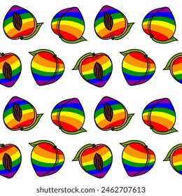 Pattern of peaches painted in all the colors of the rainbow with a contour. Colorful fruits individually. Whole halves in different poses. LGBT symbol. Suitable for website, blog, product packaging