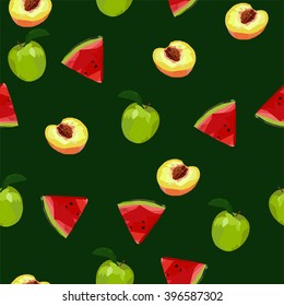Pattern with peaches, slices of watermelon and apples on the green background