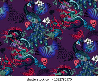 Pattern of peacock and asian dragon. Vector illustration. Suitable for fabric, wrapping paper and the like