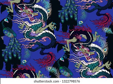 Pattern of peacock and asian dragon. Vector illustration. Suitable for fabric, wrapping paper and the like