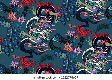 Pattern of peacock and asian dragon. Vector illustration. Suitable for fabric, wrapping paper and the like