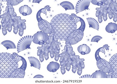 Pattern of peacock and fantastic flowers. Vector illustration. Suitable for fabric,  mural, wrapping paper and the like