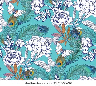 Pattern of peacock feathers and fantastic flowers. Suitable for fabric,  mural, wrapping paper and the like