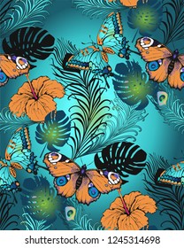 Pattern of peacock feathers, leaves and butterflies. Vector illustration. Suitable for fabric, wrapping paper and the like