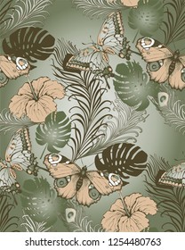 Pattern of peacock feathers, leaves and butterflies. Vector illustration. Suitable for fabric, wrapping paper and the like