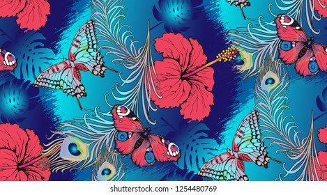 Pattern of peacock feathers, leaves and butterflies. Vector illustration. Suitable for fabric, wrapping paper and the like