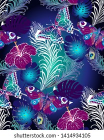 Pattern of peacock feathers, leaves and butterflies. Vector illustration. Suitable for fabric, wrapping paper and the like