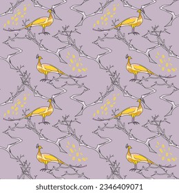 Pattern with peacock and trees, Yellow and pink colors. For textile or paper.