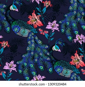 Pattern of peacock. Vector illustration. Suitable for fabric, wrapping paper