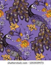 Pattern of peacock. Vector illustration. Suitable for fabric, wrapping paper and the like