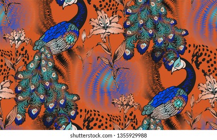 Pattern of peacock. Vector illustration. Suitable for fabric, wrapping paper and the like