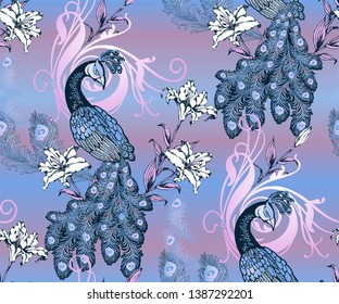 Pattern of peacock. Vector illustration. Suitable for fabric, wrapping paper and the like