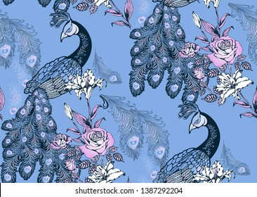 Pattern of peacock. Vector illustration. Suitable for fabric, wrapping paper and the like