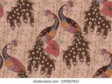 Pattern of peacock. Vector illustration. Suitable for fabric, wrapping paper and the like