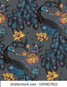 Pattern of peacock. Vector illustration. Suitable for fabric, wrapping paper and the like