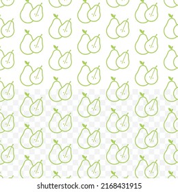 Pattern of Pear in green color on transparent background(PNG) with mini doodles(icons). Vector Illustration