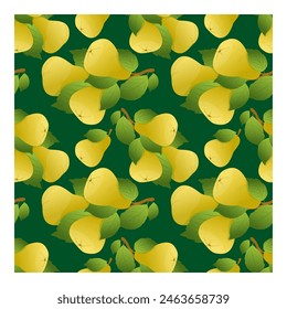 Muster von Birne mit grünen Blättern auf einem dunklen Hintergrund. Nahtloses Birnenmuster. Einwickelpapier, Textil, Verpackung, Vektorillustration