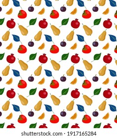 Pattern with pear, pomegranate, persimmon, plum and lemon slice

