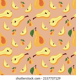 Pattern pear. Seamless pattern with pear. Good for fabric, kitchen potholders, mitts, aprons, tablecloths, coasters. Whole, half, pieces, leafs. Vector hand draw cartoon illustration.