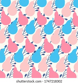 Patrón con peras de flores azules y rosas sobre un fondo de ramas. ... Verano, impresión dinámica y brillante en estilo doodle. Aplicación universal para artículos para niños, juguetes, papelería. Gráficos vectoriales