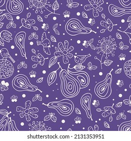 Pattern of pears and flowers, seamless pattern white. Vector print. Trendy purple color. Use as fabric, wrapping paper, decor, background of invitations, cards 