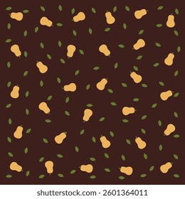 a pattern of pears and leaves on a brown background