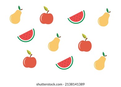 Pattern of pears, watermelons and apples, modern design and cartoon style, white screen, vector for commercial use.