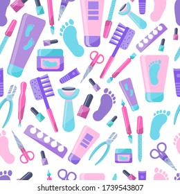 Muster der Pediküre Zubehör. Nahtlose Muster von Werkzeugen für die Schönheit Ihrer Beine. Instrumente für die weibliche Attraktivität. Vector-Illustration in flachem Stil.Banner.Isoliert auf weißem Hintergrund