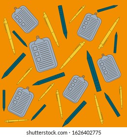 Pattern of pen, pencil and clipboard in bright colors