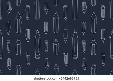 Pattern with pencils drawing lines on paper. School seamless pattern of doodle stationery for write. Sketch background of kids education concept with pencils, vector hand drawn illustration