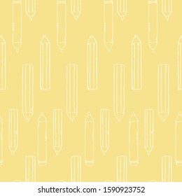 Pattern with pencils. White outline on yellow background. Vector illustration in sketch style. Hand-drawn.