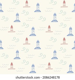 The pattern of the pendulum building. Sea background waves of the sea with a lighthouse. Doodle backing lines for textiles. Vector illustration