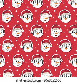 patrón con cara de pingüino y muñeco de nieve en papel de regalo rojo