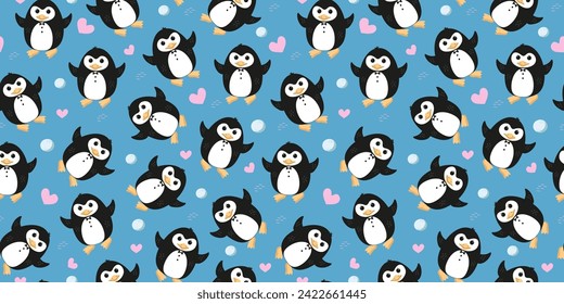 Pattern penguin, hearts, snowballs. Valentine's Day, love. Antarctic animal, polar bird. World Penguin Day. Vector seamless background.