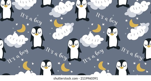 Pattern with a penguin. Seamless. Нand draw. Gray background. Flat style. This is a boy. Vector Stock illustration. Animal. Wallpaper for room and fabric. Gray background