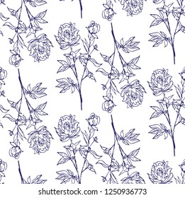 Pattern peonies branch with buds blue outline on a white isolated background, stock vector illustration for design and decoration, wrapping paper, fabric, decoupage