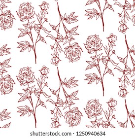 Pattern peonies branch with buds red outline on white isolated background, stock vector illustration for design and decoration, wrapping paper, fabric, decoupage