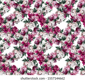 Pattern with peonies in circle with leaves on white background 