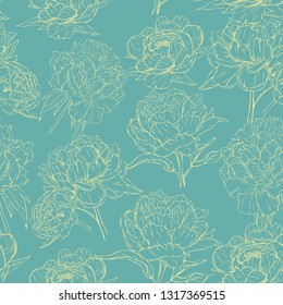 pattern of peonies drawn by hand on a green background contours