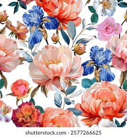 Pattern peonies flowers. Irises, roses. Vector pattern floral summer flowers peonies. For paper, fabric, packaging, interior design