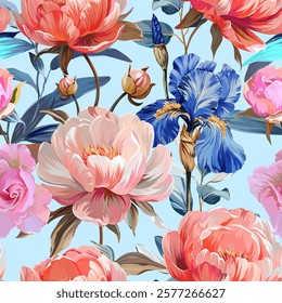 Pattern peonies flowers. Irises, roses. Vector pattern floral summer flowers peonies. For paper, fabric, packaging, interior design